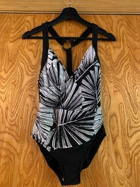 Aqua Green Black and White Palm-Print One-Piece Swimsuit